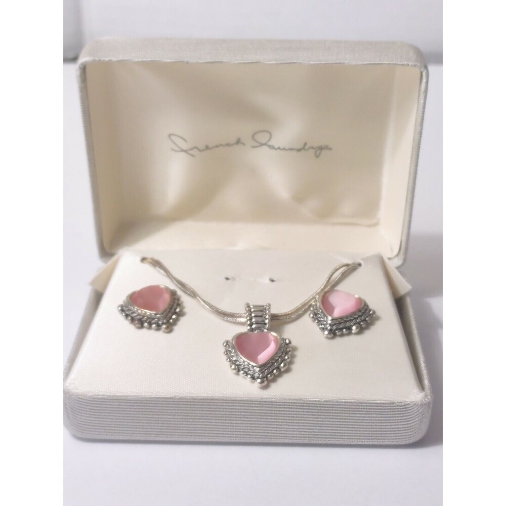 French Laundry Pink Heart Pendant Silver Tone Necklace And Earrings